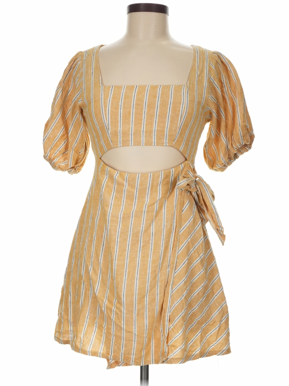 Zara Yellow-White Striped Puff-Sleeve Wrap Midi Dress